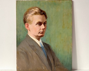 Antyczny portret olejny na desce z 1922 r., zabytkowy obraz przedstawiający młodego mężczyznę, sygnowany przez Maurice'a Cagneta