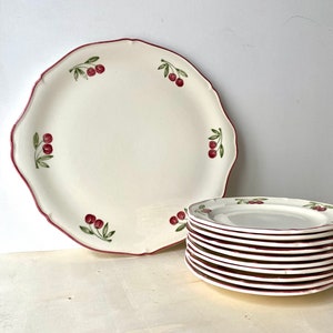 Cherries GIEN vintage dessert set, pie plate + 10 dessert plates, 80s ceramic earthenware
