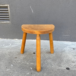 French antique wood milking stool, rustic 70’s tripod stool, brutalist stool