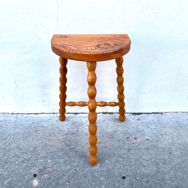 Antique pearl wood milking stool, rustic 50’s tripod stool