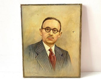 Original antique oil portrait on canvas, painting of a man, vintage portrait signed Esther Schwartz