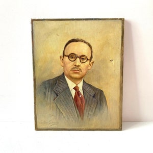 Original antique oil portrait on canvas, painting of a man, vintage portrait signed Esther Schwartz