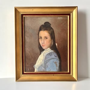 Antique oil portrait on canvas of a young girl &#39;Aline 12 years&#39; XIX, original painting of a child dated 1899, French framed signed painting