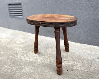 French antique tripod stool in brown wood, farm stool, rustic bench 50s