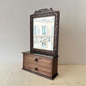 Antique French wooden wall vanity table with drawers, art deco beauty beveled mirror shelf