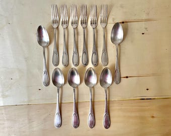 Art Nouveau cutlery set of 12 pieces in silver metal 1900's, antique French tableware by "A la Gerbe d'Or"