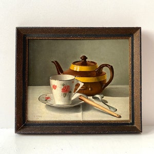 Bodegón con tetera y taza firmado L. Girbal 1944, óleo sobre cartón, cuadro antiguo