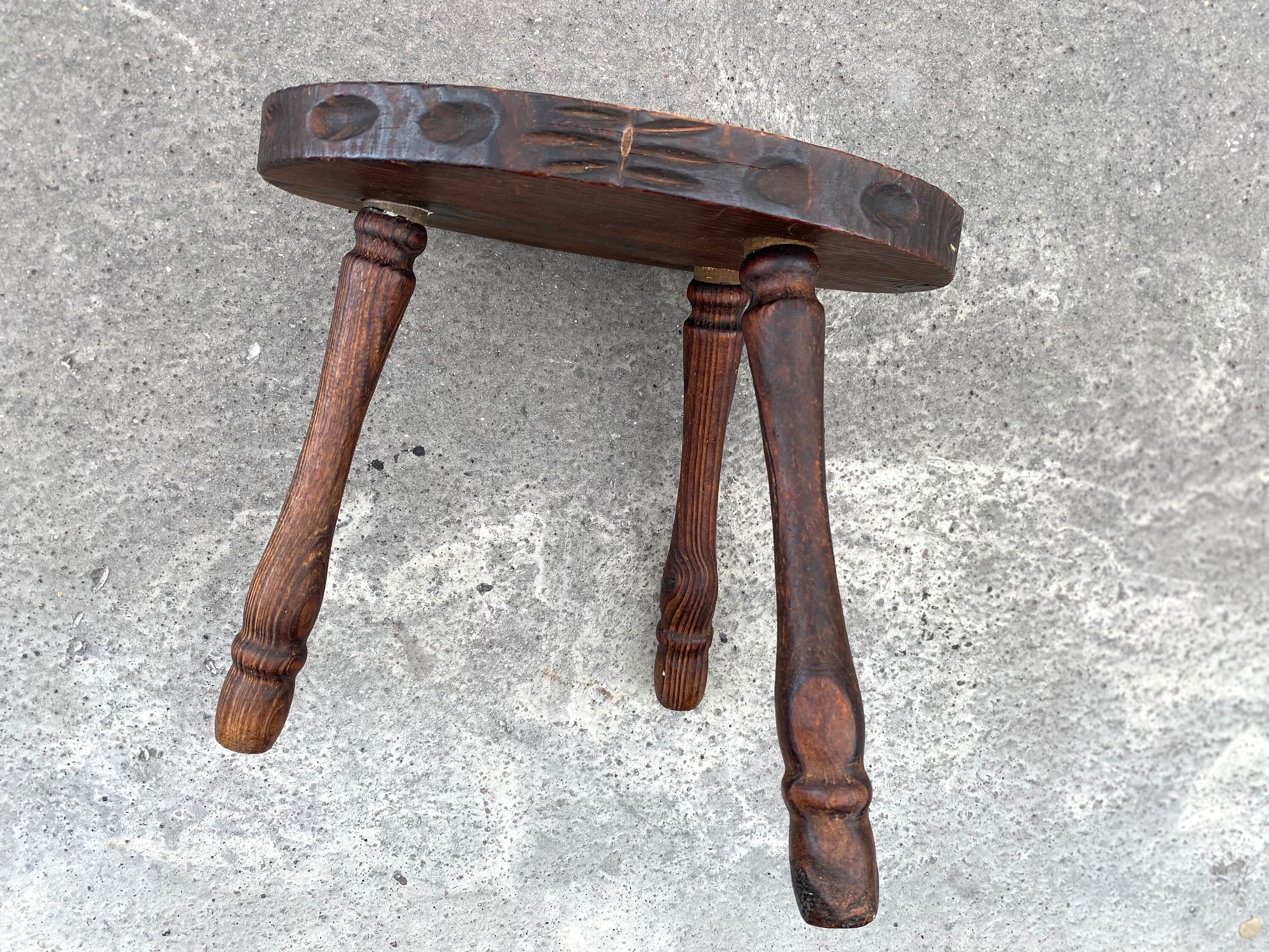 French Antique Tripod Stool in Brown Wood, Farm Stool, Rustic Bench 50s ...