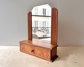 Art-Deco-Wandschminktisch aus Holz, Waschtischunterschrank mit Vintage-Spiegel