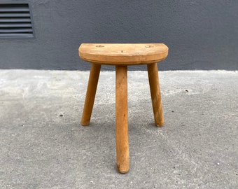 70’s raw wood tripod stool, vintage brutalist stool, French milking stool