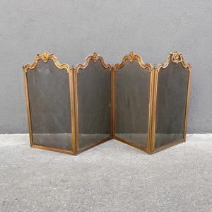 May include: A four-panel folding screen with a gold-colored frame and decorative scrollwork at the top. The panels have a dark mesh material. The screen is standing on a concrete surface.