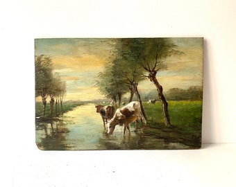 Huile sur panneau "troupeau de vaches dans le bocage normand" daté 1924, tableau ancien au paysage de campagne