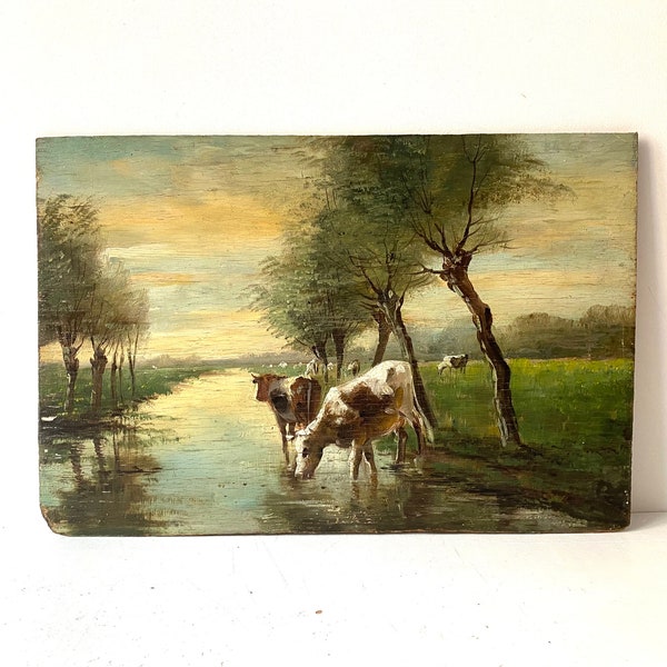Huile sur panneau "troupeau de vaches dans le bocage normand" daté 1924, tableau ancien au paysage de campagne