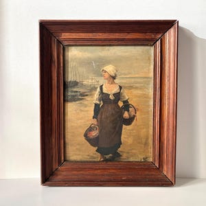 Óleo sobre tabla "Regreso del mercado del pescado" 1900, cuadro antiguo firmado y enmarcado, cuadro de escena de género