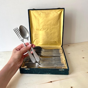 French antique 23 pieces cutlery set in silver metal 1940s, antique forks and soup spoons tableware