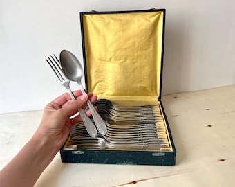 French antique 23 pieces cutlery set in silver metal 1940s, antique forks and soup spoons tableware