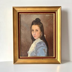 Antique oil portrait on canvas of a young girl &#39;Aline 12 years&#39; XIX, original painting of a child dated 1899, French framed signed painting