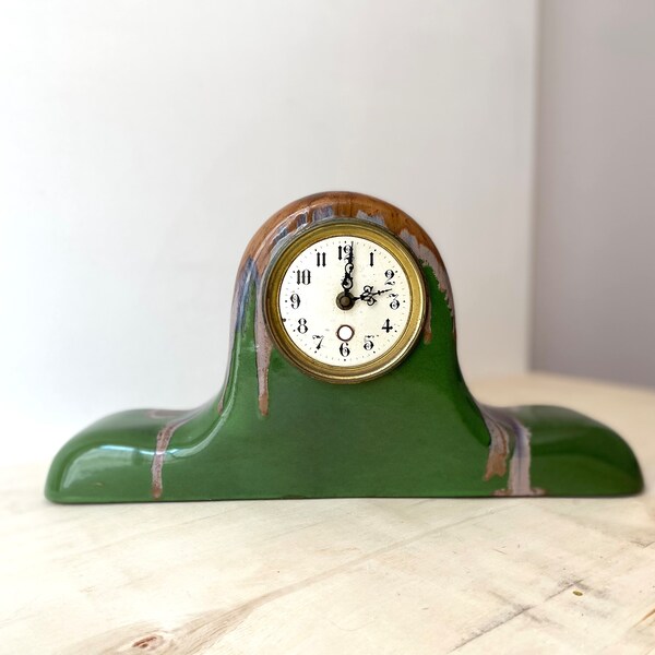 Antique French fireplace clock 1930, Cazalas ceramic clockwork