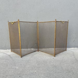 May include: A folding fireplace screen featuring a gold-toned metal frame and a fine mesh metal grid. The screen consists of two hinged panels, each topped with a small decorative handle, providing a structured barrier with a metallic finish.