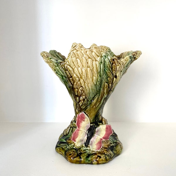 Vase gerbe de blés en barbotine, majolica vintage années 30 / 40