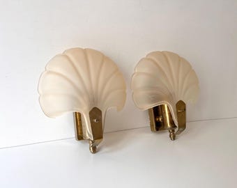 Paire d'appliques coquillages en verre années 80, luminaires vintage style art déco