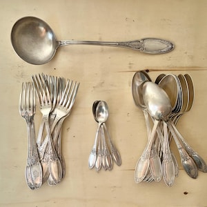 Art Nouveau ERCUIS 30 pieces cutlery set in silver metal 1900&#39;s, antique French tableware, LD monogrammed cutlery
