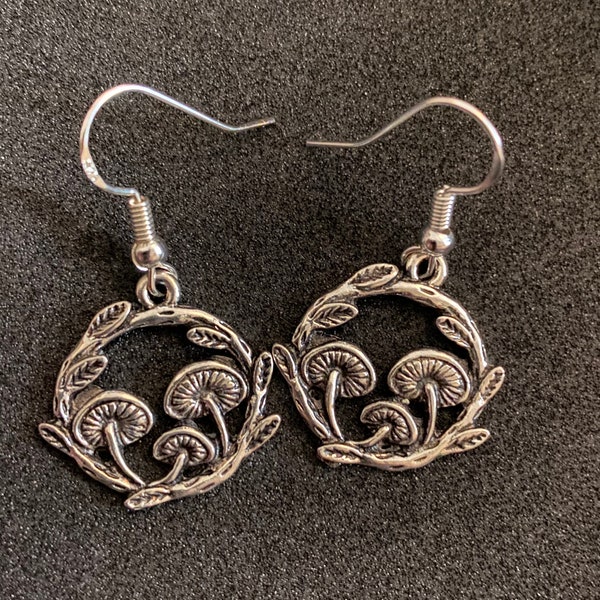 Tibetan silver cottagecore earrings. Forest style, nature related jewellery, mushroom jewellery, toadstool jewellery. ideal cottagecore gift