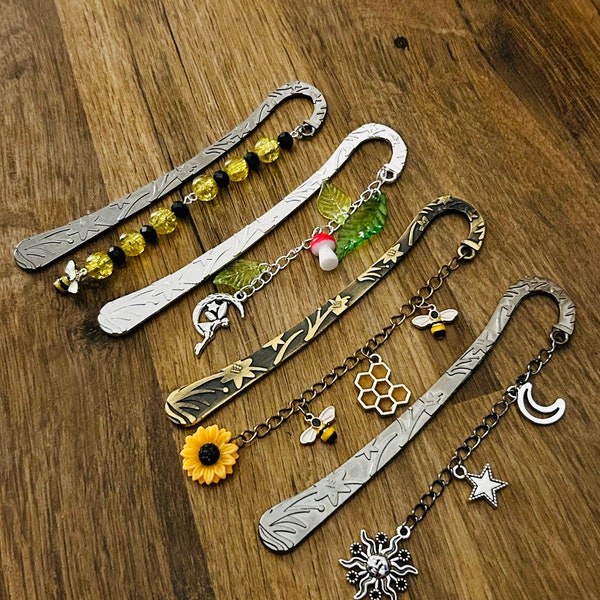 Metal bookmarks, book lovers gift, fairy garden bookmark, celestial bookmark, honey bee, bumble bee, mushroom gift, cottagecore, Fairycore