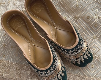 The Forest Green Jutti, Green Velvet pump with gold embellishments