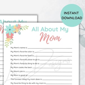 All About My Mom Printable | Mother&#39;s Day Gift | Mom Birthday Gift | Fill In The Blanks | Mother&#39;s Day Activity | School Activity