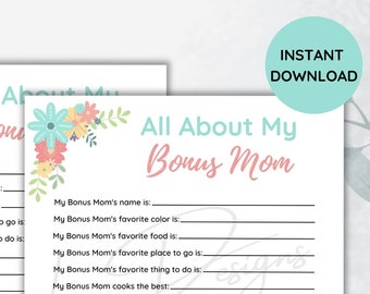 All About My Bonus Mom Printable | Mother's Day Gift | Bonus Mom Birthday Gift | Fill In The Blanks | Mother's Day Activity