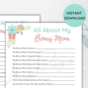 All About My Bonus Mom Printable | Mother&#39;s Day Gift | Bonus Mom Birthday Gift | Fill In The Blanks | Mother&#39;s Day Activity