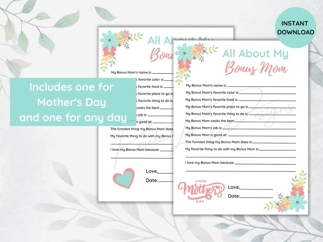 All About My Bonus Mom Printable | Mother's Day Gift | Bonus Mom ...