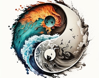 Yin yang original version decorated with waves and fire