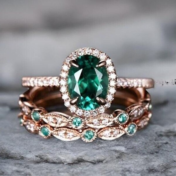 Emerald ring vintage unique oval emerald engagement ring set rose gold halo diamond ring for women marquise milgrain wedding ring set band