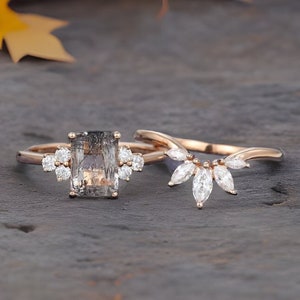 Emerald cut Black Quartz Rutilated engagement ring rose gold Unique diamond Cluster vintage Marquise cut band Bridal Promise gift for women