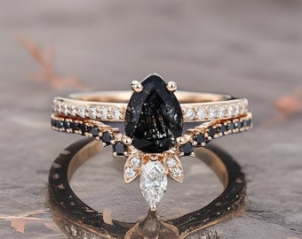 Natural Black Rutilated Pear Cut Quartz Solitaire Ring, Salt And Pepper Diamond Ring, Black Quartz Ring, Tourmalinated Quartz Ring, Unique