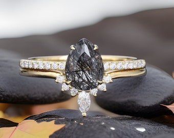 Black Quartz Rutilated engagement ring set Yellow Gold Unique pear shaped engagement ring Art Deco Ring Stacking Ring Christmas Gift