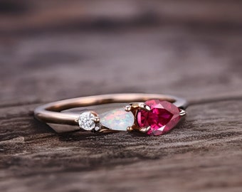 Vintage Red Ruby Opal Ring Engagement Ring,Pear Cut Gems,Art Deco Moissanite Wedding Band,3 Stone Unique Women Bridal Promise Ring,Rose gold