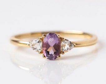 14K Solid Gold Amethyst Ring-Purple Amethyst Ring-Three Stone Ring-Minimalist Ring-Rose Gold Ring-Silver Amethyst Ring-Amethyst Women's Ring