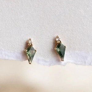 Natural Moss Agate Stud Earring Kite Shape Earring 14K Gold Sterling Silver Earring Moss Agate Kite Stud Earring Women Christmas Gift