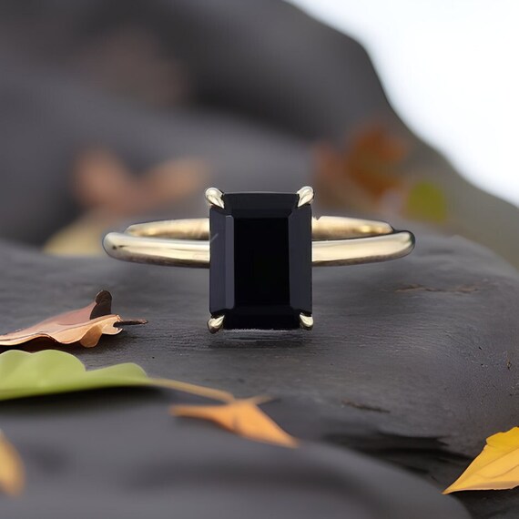 Natural Black Onyx Ring Emerald Cut gold Ring Silver Ring delicate