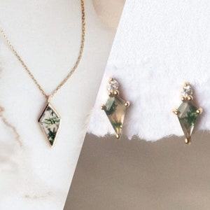 Natural Moss Agate Kite Studs & Kite Necklace Combo Dainty Necklace Sterling Silver Studs or Necklace Combo Gift Vintage Studs or Necklace