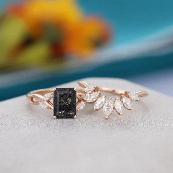 Natural Black Rutilated Quartz Ring Set-Salt And Pepper Diamond Ring-Emerald Cut Black Quartz Ring-Wedding-Anniversary Ring-Christmas Gift