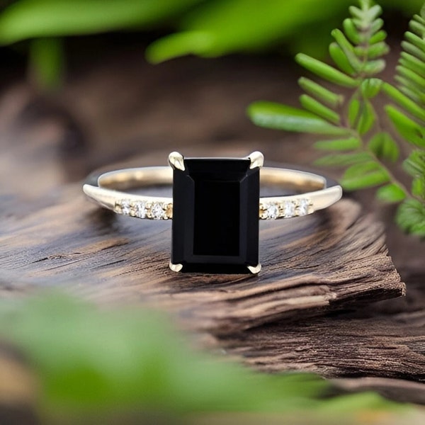 Black Onyx 14K Gold Ring Emerald Cut Ring Engagement Ring Anniversary Ring Promise Ring Vintage Ring Bridal Gift For Her Christmas Gift