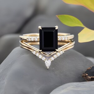 Black Onyx Ring Emerald Cut Ring Set of 3PCS 14K Gold-sterling - Etsy