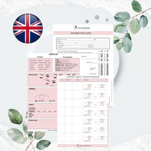 Peut inclure: Une liste de contrôle rose et blanche pour les extensions de cils. La liste de contrôle comprend des sections pour les informations du client, la forme des yeux, le mappage des cils et le support client. La liste de contrôle est conçue pour être utilisée par les techniciens des cils.