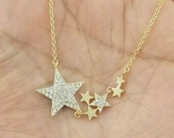 Beautiful Star Necklace, 1.4 Ct Diamond Necklace, Unique Necklace With Chain, Tiny Trendy Necklace, Custom Necklace, 14K Yellow Gold Plated