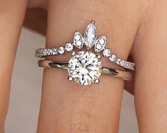 Conjunto de anillo de diamantes de compromiso, anillo solitario con banda, moissanita incolora de 2 quilates, plata de ley 925, joyería nupcial de boda, regalo para ella