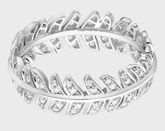 Full Eternity Wedding Band, 1.2 Ct Round Diamond, 14K White Gold, Leaf Engagement Ring, Diamond Band For Women, Stacking Band, Gift For Her